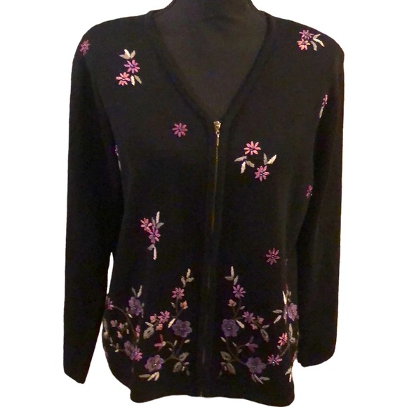 VINTAGE DRESS BARN ZIP FRONT FLORAL EMBROIDERED CARDIGAN SWEATER BLACK SIZE M - Picture 1 of 13